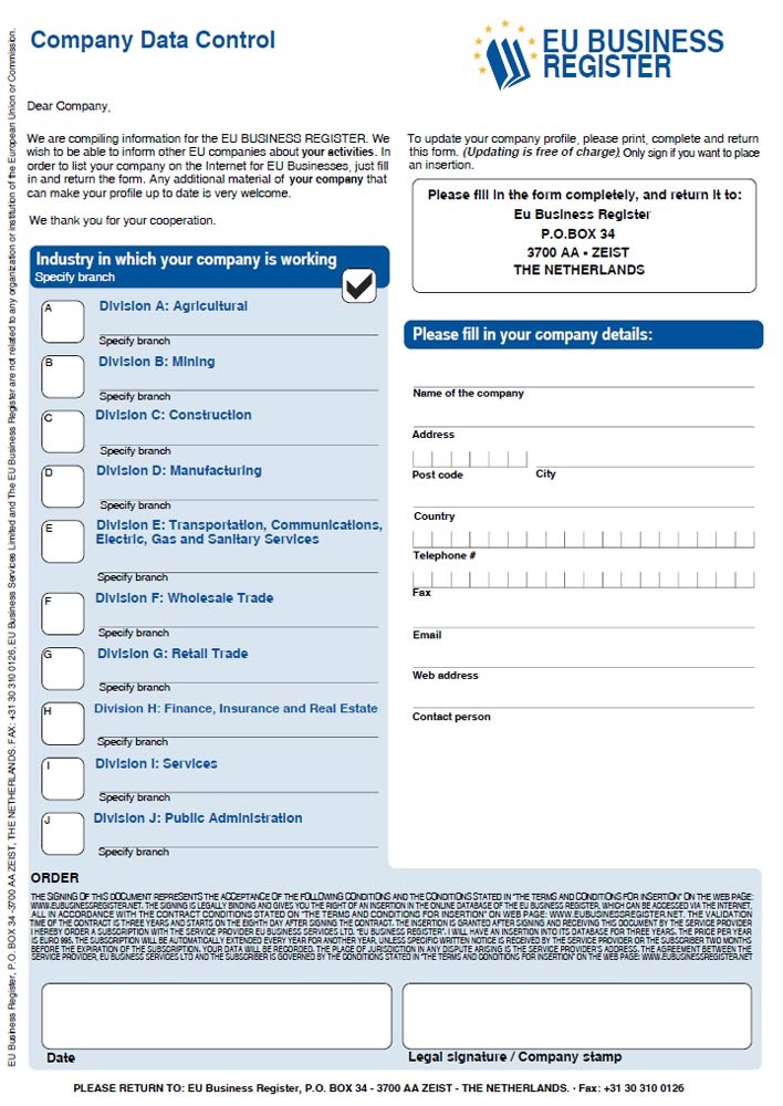 EU BUSINESS REGISTER, COMPILANDO UN MODULO AZIENDE COSTRETTE A PAGARE 995 Euro PER TRE ANNI.